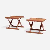 Poul Hundevad, Guldhoj folding stools model 41, pair, teak, leather