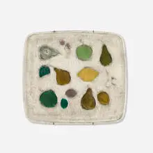 Wall plaque by Rut Bryk, c. 1965, glazed earthenware, sold Apr 2025