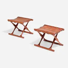 Poul Hundevad, Guldhoj folding stools model 41, pair, leather, teak