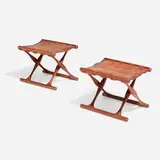 Poul Hundevad, Guldhoj folding stools model 41, pair, leather, teak