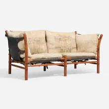 Arne Norell, Illona settee, stained beech, upholstery, saddle-stitched leather, base metal