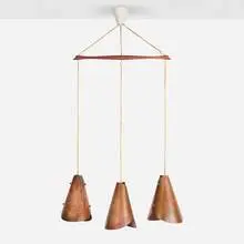 attribution E.S. Horn, Chandelier, c. 1955, hammered copper, teak, plastic