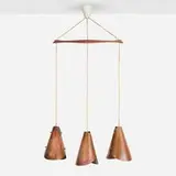 attribution E.S. Horn, Chandelier, c. 1955, hammered copper, teak, plastic