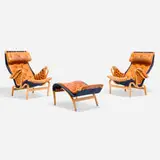 Bruno Mathsson, Pernilla 69 lounge chairs, pair and ottoman, leather, beech plywood, canvas