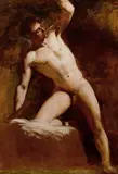 Ra William Etty, A male nude with left arm raised, oil on paper mounted to canvas