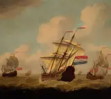 Ludolph Backhuysen, A view of three galleons in a stiff breeze, oil on canvas