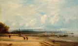 James Wilson Carmichael, Fishing boats along a shore, oil on canvas