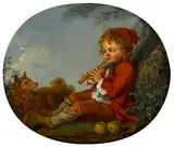François Boucher, A young girl with flowers and sheep; A young boy with flute and dog (a pair), both oil on canvas