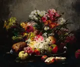 Georges Jeannin, A still life with flowers and fruit, oil on canvas