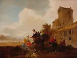 Hendrick Mommers, A river landscape with vegetable sellers in the foreground with a donkey, oil on panel