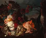 Johann Amandus Winck, An opulent floral still life with game birds and fruit, with a landscape beyond, oil on canvas