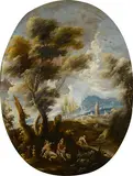 Antonio Francesco Peruzzini, A capriccio landscape with a storm threatening, oil on canvas (oval)
