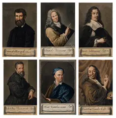 Italian School, Six Portraits of Distinguished Artists, n.d., Mezzotints in colors on laid paper