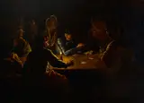 Domenico Viola, A soldier in armor and others playing cards at a table by candlelight, oil on canvas