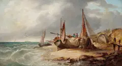 A coastal view with fishing boats ashore by Ra Edward William Cooke, oil on canvas, offered Jun 2017