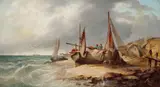 Ra Edward William Cooke, A coastal view with fishing boats ashore, oil on canvas