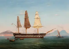 Tommaso de Simone, H.M.S Revenge with her funnel down and drying her sails off the coast of Naples, oil on canvas
