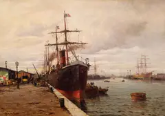 Eugene Grasset, A busy harbor with a steamship at a pier, oil on canvas