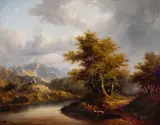 Continental School, 19th Century, A mountain landscape with castle and deer
