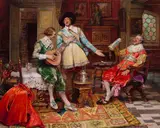 Alex de Andreis, Cavalier figures in an interior, oil on canvas