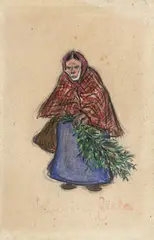 Alte Frau mit Tannenzweigen by Heinrich Zille, Um 1915, Farbstift, Kohle und Deckweiß auf dünnem Papier, sold Jan 2026