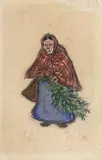 Heinrich Zille, Alte Frau mit Tannenzweigen, Um 1915, Farbstift, Kohle und Deckweiß auf dünnem Papier