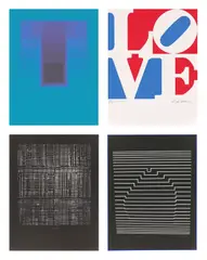 Mappenwerk, MAUSER 1973, 1973, Original-Kunststoffkassette mit vier Farbserigrafien auf Karton von Karl Gerstner, Robert Indiana, Heinz Mack und Victor Vaserely