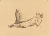 Georg Kolbe, Liegender weiblicher Akt mit angezogenem rechten Bein. Anfang der 1920er-Jahre, Tusche, laviert, auf chamoisfarbenem Papier