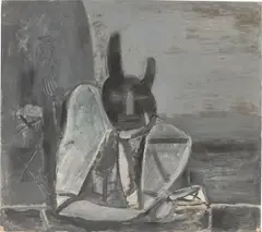 Hermann Bachmann, Figur mit Teufelsmaske, 1952, Öl auf Karton