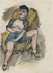 Georg Tappert, Halbakt in einem Sessel (Daisy), Um 1932, Aquarell, Tuschfeder und blaue Kreide auf Papier (aus einem Skizzenbuch)