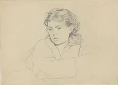 Hans Thoma, Cella Thoma, die Frau des Künstlers, Um 1875, Kreide und Bleistift, mit etwas weißer Kreide gehöht, auf braunem Papier