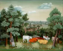 Ivan Generalić, Krave na plandišću“ (Ruhende Kühe), 1957, Hinterglasmalerei, hinterlegt mit Hartfaser