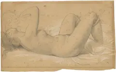 Wilhelm von Kaulbach, Liebespaar in Umarmung, Bleistift und Kreide in Weiß auf hellbraunem Velin