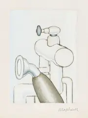 Konrad Klapheck, Die Sexbombe und ihr Begleiter (Armatur I), 1964, Aquarell und Deckweiß über Radierung auf Velin
