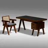 Desk and chair from Chandigarh by Pierre Jeanneret, c. 1960, teak, leather, cane, upholstery, aluminum, sold Sep 2021