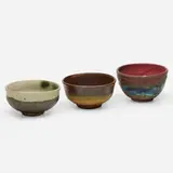 Collection of three tea bowls by Toshiko Takaezu, c. 1985-2005, glazed stoneware, glazed earthenware, sold Sep 2021