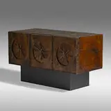 Early cabinet by Paul Evans, c. 1965, torch-cut, blackened and polychromed steel, lacquered wood, polychromed, and gilt wood, bronze, sold Sep 2021