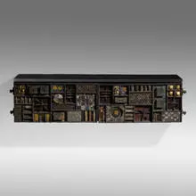 Paul Evans, Sculpture Front wall-mounted cabinet, 1964, welded and patinated steel, brass, and colored pigments, 23 karat gold leaf, slate