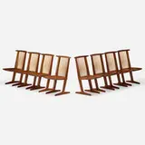 Conoid chairs, set of eight by Mira Nakashima, 1993, American black walnut, hickory, sold Sep 2021