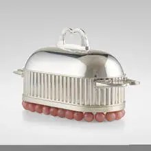 Stanley Tigerman, Tureen from the Architect's Collection, 1990, sterling silver, rose quartz, glazed porcelain, cedar