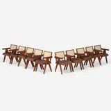 Office Cane chairs from Chandigarh, set of ten by Pierre Jeanneret, c. 1960, teak, cane, upholstery, sold Sep 2021