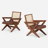 Lounge chairs from Chandigarh, pair by Pierre Jeanneret, c. 1960, teak, cane, upholstery, sold Sep 2021