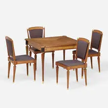Richard Scott Newman, Card table and four chairs, 1995, mahogany, maple, ebonized wood, gilt metal, upholstery