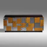 Cityscape cabinet from the PE 400 series by Paul Evans, c. 1975, chrome-plated steel, maple burl, lacquered fiberglass, sold Sep 2021
