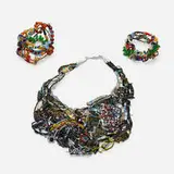 Joyce J. Scott, Neckpiece and two cuffs, woven glass beads, copper wire, leather, metal, buttons, pipe cleaners