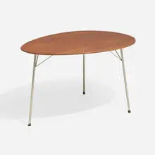 Arne Jacobsen, Ant dining table, model 3603, 1952, teak plywood, matte chrome-plated steel, rubber