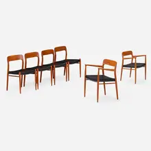 Niels O. Møller, Dining chairs model 75, set of six, 1954, teak, leather upholstery