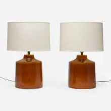 Table lamps, pair by Lotte and Gunnar Bostlund, c. 1960, glazed ceramic, brass, linen shades, sold Apr 2025