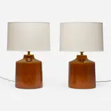 Lotte and Gunnar Bostlund, Table lamps, pair, c. 1960, glazed ceramic, brass, linen shades