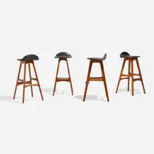 Erik Buck, Stools model OD61, set of four, c. 1964, teak, rosewood, leather upholstery
